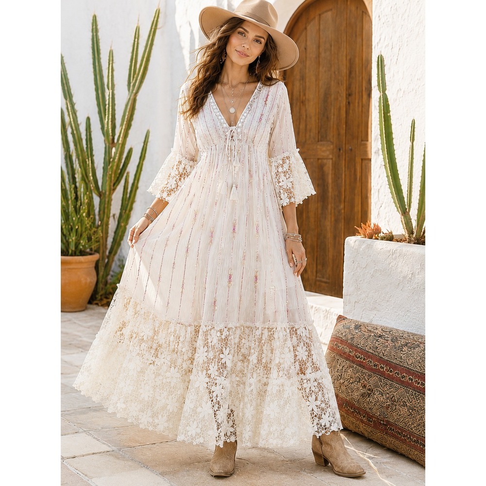 Siya Bohemian Prairie Hippie‎ Maxi Dress Cotton Lace Beaded Metallic Cottagecore